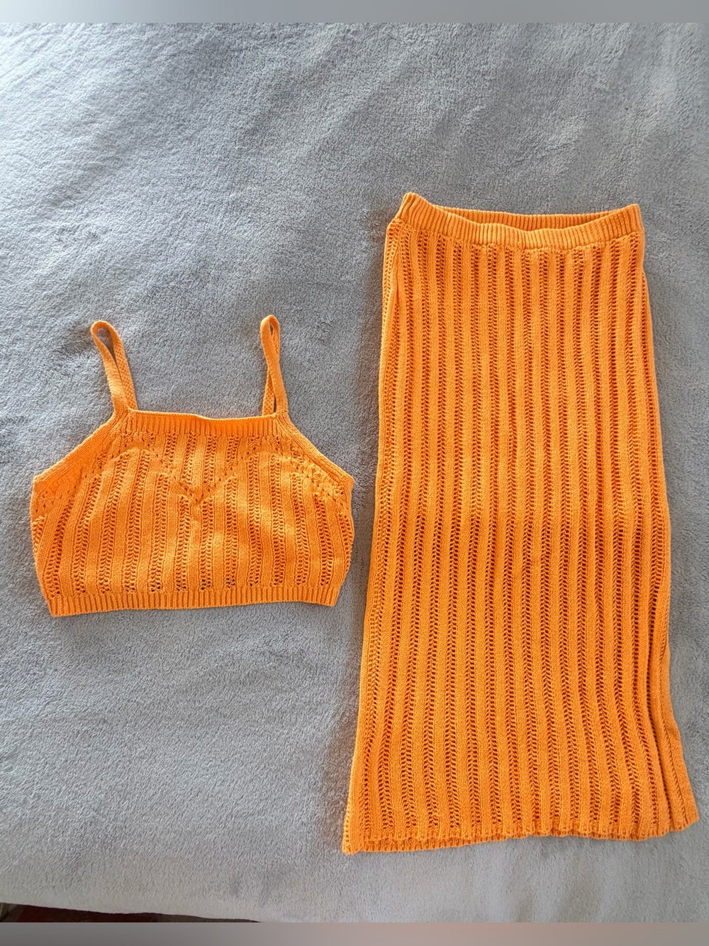 Orange Knit Two-Piece Set - Crop Top & Midi Skirt with Slit Size S